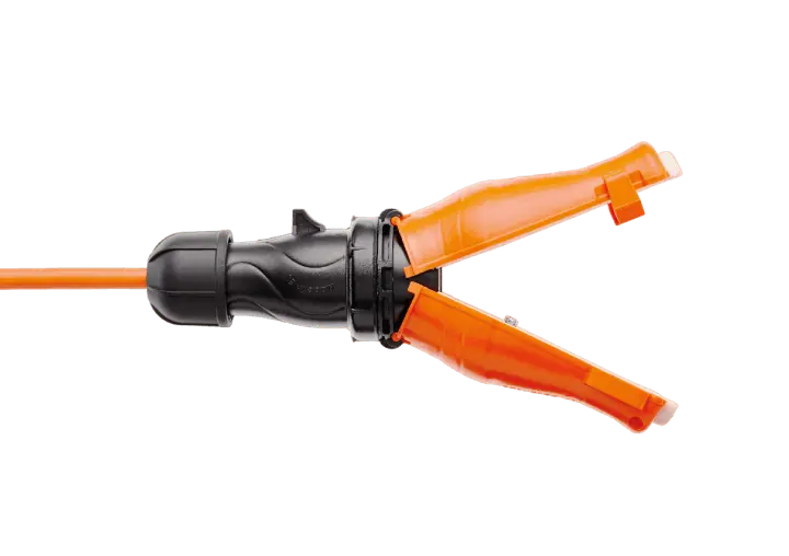 Side view of Easy Life's weatherproof extension cord orange variant.